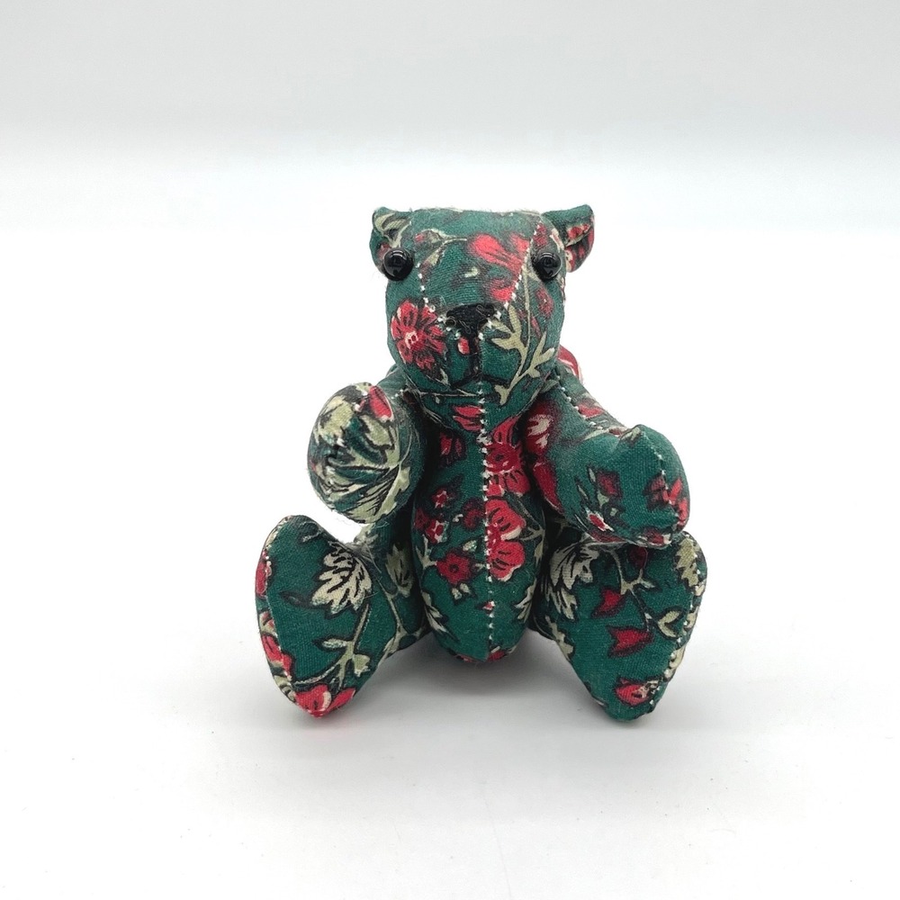 Applause Miniature 3 Inch Floral Teddy Bear Green Red Cotton Folk Art Plush